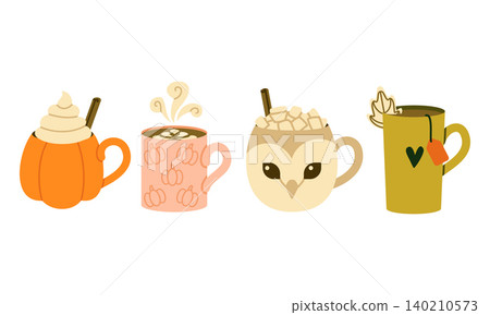 Cute Fall Beverage Ceramic Mug Set Flat Illustration on White Background Cute Fall Beverage Ceramic Mug Set Flat Illustration on White Background 140210573