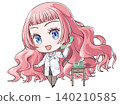 A pink-haired pharmacist is talking on the phone. A chibi-style character in the style of Japanese anime. A cheerful-looking girl. 140210585