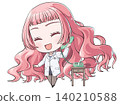 A pink-haired pharmacist is talking on the phone. A chibi-style character in the style of Japanese anime. A girl is smiling happily. 140210588