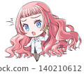 A pink-haired pharmacist making a phone call on her smartphone. A chibi-style character in the style of Japanese anime. A shocked girl. 140210612