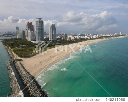 Cityscape landscape of South Beach. Florida panorama. Skyscraper architecture of Miami. Miami South beach landscape aerial view. Aerial Miami skyscraper. Aerial Miami south beach. Cloudy weather 140211068
