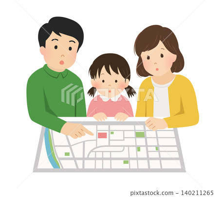 Vector illustration of a family checking a disaster prevention map. Vector illustration of a family checking a disaster prevention map. 140211265