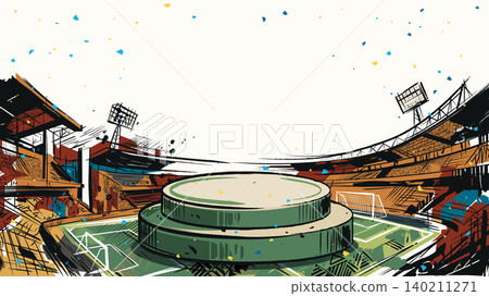 Blank round podium for placed product presentation at the middle of soccer stadium with confetti hand drawn childish style have blank space. Blank round podium for placed product presentation at the middle of soccer stadium with confetti hand drawn childish style have blank space. 140211271