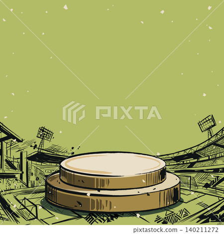 Blank round podium for placed product presentation at the middle of soccer stadium hand drawn childish style with confetti on green square background have blank space. Blank round podium for placed product presentation at the middle of soccer stadium hand drawn childish style with confetti on green square background have blank space. 140211272