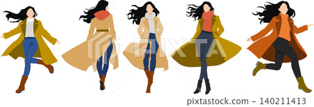 An illustration of a woman in autumn clothes striking a pose. An illustration of a woman in autumn clothes striking a pose. 140211413