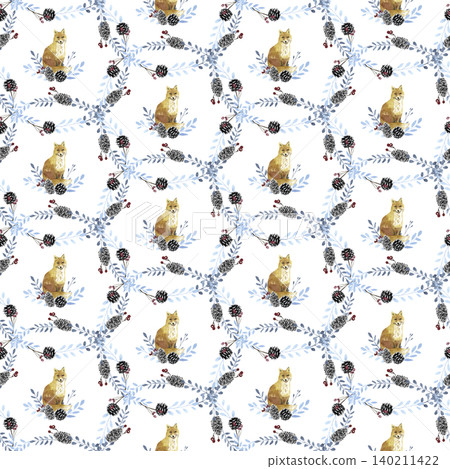 Watercolor fox with nuts and pine cones on a transparent background Watercolor fox with nuts and pine cones on a transparent background 140211422