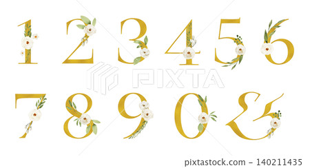 一組金色數字，飾以玫瑰花，背景透明。 140211435