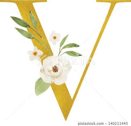 White roses and gold lettering "V" on a transparent background White roses and gold lettering "V" on a transparent background 140211445