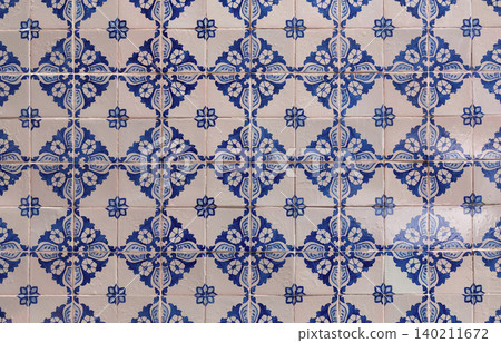 Traditional Blue and White Portuguese Azulejo Tile Pattern Background Traditional Blue and White Portuguese Azulejo Tile Pattern Background 140211672