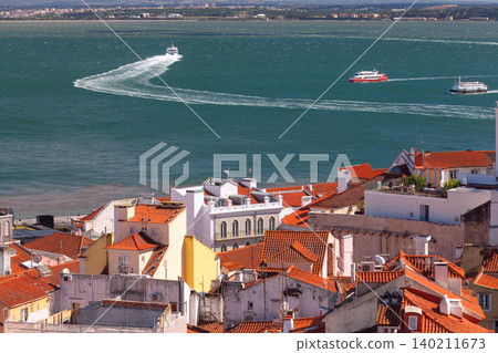 Lisbon Rooftops and Tagus River View with Passenger Ferries Portugal Lisbon Rooftops and Tagus River View with Passenger Ferries Portugal 140211673