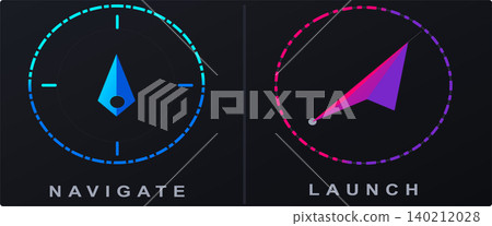 Abstract digital icons representing navigation and launch functions with compass and arrow pointers on a dark background, showcasing modern UI design elements. 140212028