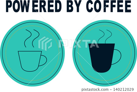 A graphic illustration featuring the text "POWERED BY COFFEE" above two circular icons, one with an outline of a steaming cup and the other with a solid dark mug, all on a white background. A graphic illustration featuring the text "POWERED BY COFFEE" above two circular icons, one with an outline of a steaming cup and the other with a solid dark mug, all on a white background. 140212029