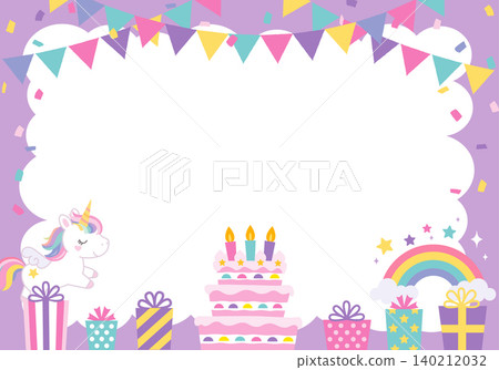 [Vector] A horizontal birthday frame featuring a unicorn against a dreamy purple background. Includes space for adding text. 140212032