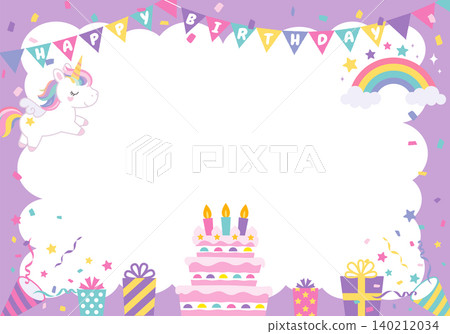 [Vector] A horizontal birthday frame featuring a unicorn against a dreamy purple background. Includes space for adding text. 140212034