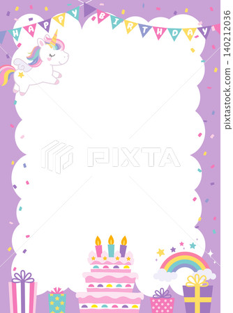 [Vector] A vertical birthday frame featuring a unicorn against a dreamy purple background. Includes space for adding text. 140212036