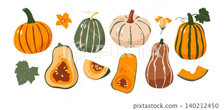 Flat vector pumpkin set with different shapes slices leaves and flowers autumn harvest theme Flat vector pumpkin set with different shapes slices leaves and flowers autumn harvest theme 140212450