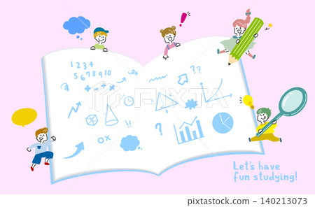 An illustration depicting a child learning; an illustration of a child with a math book open. An illustration depicting a child learning; an illustration of a child with a math book open. 140213073