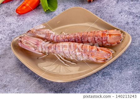 Boiled Mantis Shrimp on Plate with Chili and Basil Boiled Mantis Shrimp on Plate with Chili and Basil 140213243