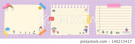 Vector torn paper sheets with naive doodle kids drawings, Cute blank notes taped with washi tape, school education designs and teacher resources 140213417