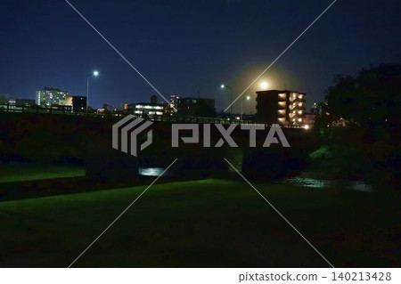 The view of downtown Sendai at night and the moon. 140213428