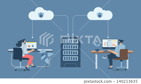 Cloud protection of important corporate databases or personal data, Secure cloud downloads and uploads, Business team working with computers via secure online system. Vector design illustration. Cloud protection of important corporate databases or personal data, Secure cloud downloads and uploads, Business team working with computers via secure online system. Vector design illustration. 140213635