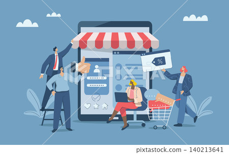 Website creation and web page design concept, Online shopping store concept creation, Website development, Business team working on developing web design for tablet screen. Vector design illustration. 140213641