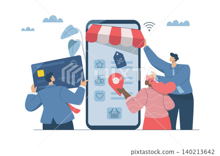 Online store design, Collaboration of partners, website development, Online shopping store concept creation, Business team working on web design development for mobile phone screens. Vector design. 140213642
