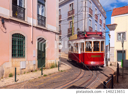 Historic Red Tram on Narrow Street in Alfama District Lisbon Portugal Historic Red Tram on Narrow Street in Alfama District Lisbon Portugal 140213651