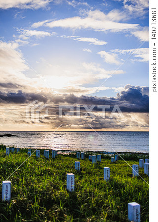 A dawn scene at Hirota Archaeological Park, overlooking the sunrise sky and the sea. A dawn scene at Hirota Archaeological Park, overlooking the sunrise sky and the sea. 140213681