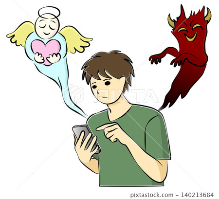 一幅插圖，描繪了一名年輕男子正在操作智慧型手機，兩側分別是天使和惡魔。 140213684