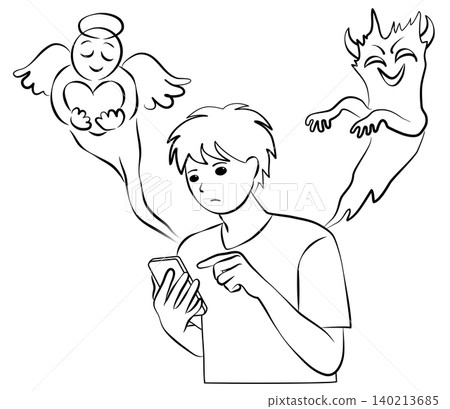 A line drawing illustration of a young man operating a smartphone, with an angel and a demon appearing on either side. A line drawing illustration of a young man operating a smartphone, with an angel and a demon appearing on either side. 140213685