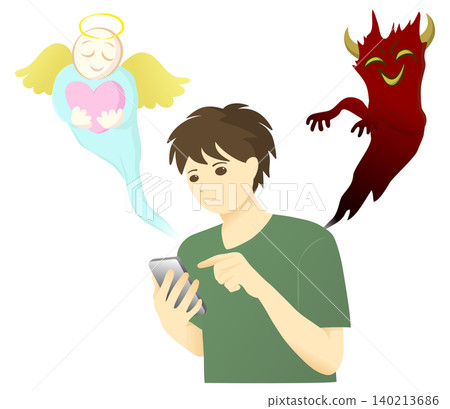 An image illustration of a young man operating a smartphone, flanked by angels and demons on either side. An image illustration of a young man operating a smartphone, flanked by angels and demons on either side. 140213686