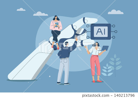 Robot hand holds artificial intelligence chip, Cybernetic technology concepts that support business success, Personnel in the company work with AI technology. Vector design illustration. Robot hand holds artificial intelligence chip, Cybernetic technology concepts that support business success, Personnel in the company work with AI technology. Vector design illustration. 140213796