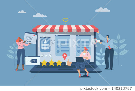 Website creation and web page design concept, Online shopping store concept creation, Website development, Business team working on developing web design for laptop screen. Vector design illustration. Website creation and web page design concept, Online shopping store concept creation, Website development, Business team working on developing web design for laptop screen. Vector design illustration. 140213797