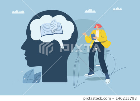 Search for more knowledge in the brain, Young man riding a bicycle using a tablet, Vector design illustration. Search for more knowledge in the brain, Young man riding a bicycle using a tablet, Vector design illustration. 140213798