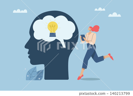 Create ideas in the brain, Increase inspiration, Developing knowledge and skills all the time, Young woman uses a tablet to search for knowledge to develop creative ideas. Vector design illustration. Create ideas in the brain, Increase inspiration, Developing knowledge and skills all the time, Young woman uses a tablet to search for knowledge to develop creative ideas. Vector design illustration. 140213799