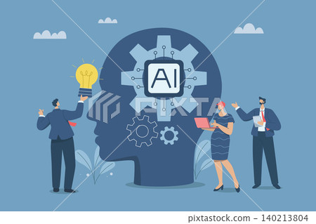 Business team working with AI. Technology helps research important information and create ideas, AI, Artificial intelligence supports business success, Robot work with company personnel, Vector. Business team working with AI. Technology helps research important information and create ideas, AI, Artificial intelligence supports business success, Robot work with company personnel, Vector. 140213804