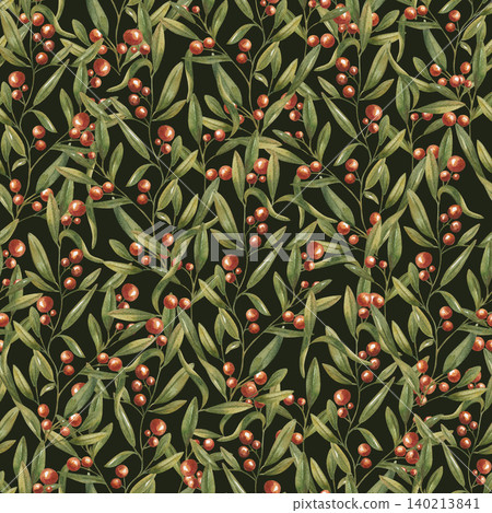 Seamless pattern with watercolor holly leaves and red berries. Decorative botanical print with winter plants on dark background. Christmas festive textile design and wrapping paper style. Seamless pattern with watercolor holly leaves and red berries. Decorative botanical print with winter plants on dark background. Christmas festive textile design and wrapping paper style. 140213841