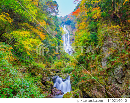 Kamba Falls at the peak of autumn foliage: A slow shutter speed captures the smooth flow of the magnificent waterfall and the serene autumn scenery, completely deserted. Kamba Falls at the peak of autumn foliage: A slow shutter speed captures the smooth flow of the magnificent waterfall and the serene autumn scenery, completely deserted. 140214040