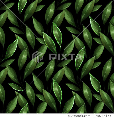 Cute hand-drawn green leaves on black background botanical illustration 140214133