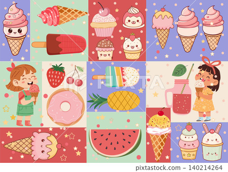 Collection of cute desert fruits and ice cream. Collection of cute desert fruits and ice cream. 140214264