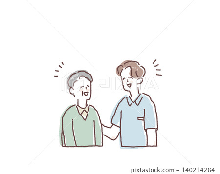 An illustrative image depicting interaction between an elderly man, a caregiver, and a nurse. An illustrative image depicting interaction between an elderly man, a caregiver, and a nurse. 140214284