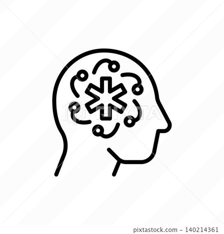 Mental health thin line icon. Psychology. Human head silhouette with Star of life. Modern vector illustration. Mental health thin line icon. Psychology. Human head silhouette with Star of life. Modern vector illustration. 140214361