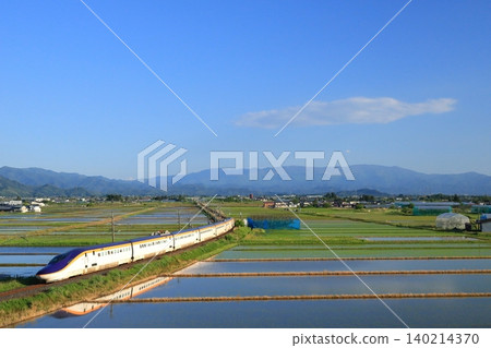 E8 series Yamagata Shinkansen running through rice fields 140214370