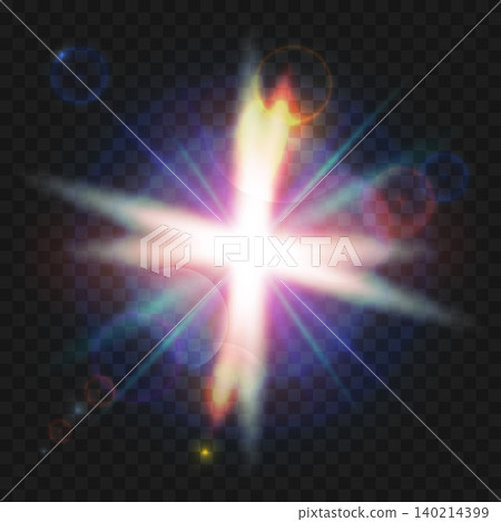 Vibrant multicolor lens flare effect featuring intense cross shape projection and holographic refraction spots suitable for futuristic motion graphics or professional photo enhancement overlays. Vibrant multicolor lens flare effect featuring intense cross shape projection and holographic refraction spots suitable for futuristic motion graphics or professional photo enhancement overlays. 140214399