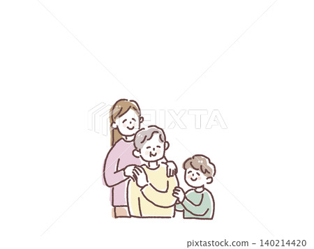 An illustration depicting a parent and child watching over an elderly woman. An illustration depicting a parent and child watching over an elderly woman. 140214420