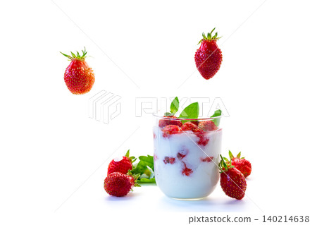 Fresh strawberry yogurt dessert isolated on white background Fresh strawberry yogurt dessert isolated on white background 140214638