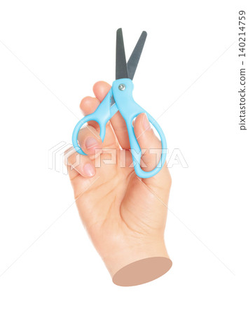 Woman hand cut by scissors, isolated on transparent background, office and household items concept. Contemporary art concept 140214759