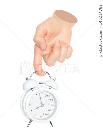 Woman hand holds alarm clock, isolated on transparent background, office and household items concept. Contemporary art concept 140214762