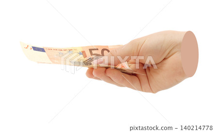 Hand holds Euro cash bills, isolated on transparent background, business concept. Contemporary art design 140214778